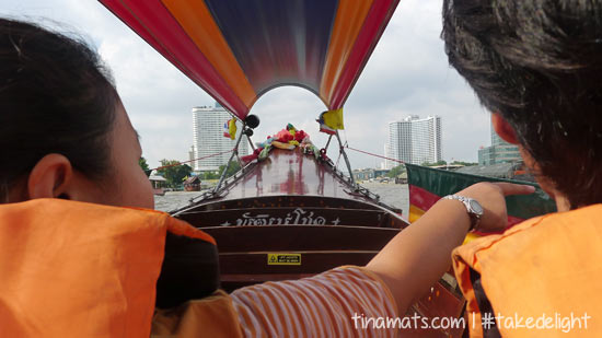 On the boat to Wat Arun - express way, which sort of felt like a scam. Or that may be because the people we talked to were quite brash. Heh. The boat ride was a little scary, though. (Also, we may have illusions of a perfectly peaceful river cruise. Haha)